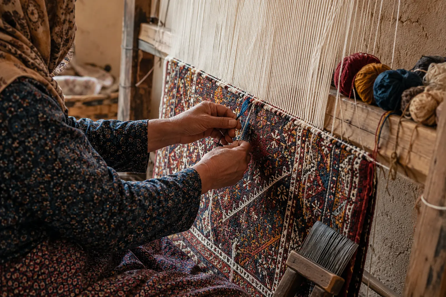 امرأة إيرانية تنسج سجادة فارسية يدوياً على نول خشبي تقليدي