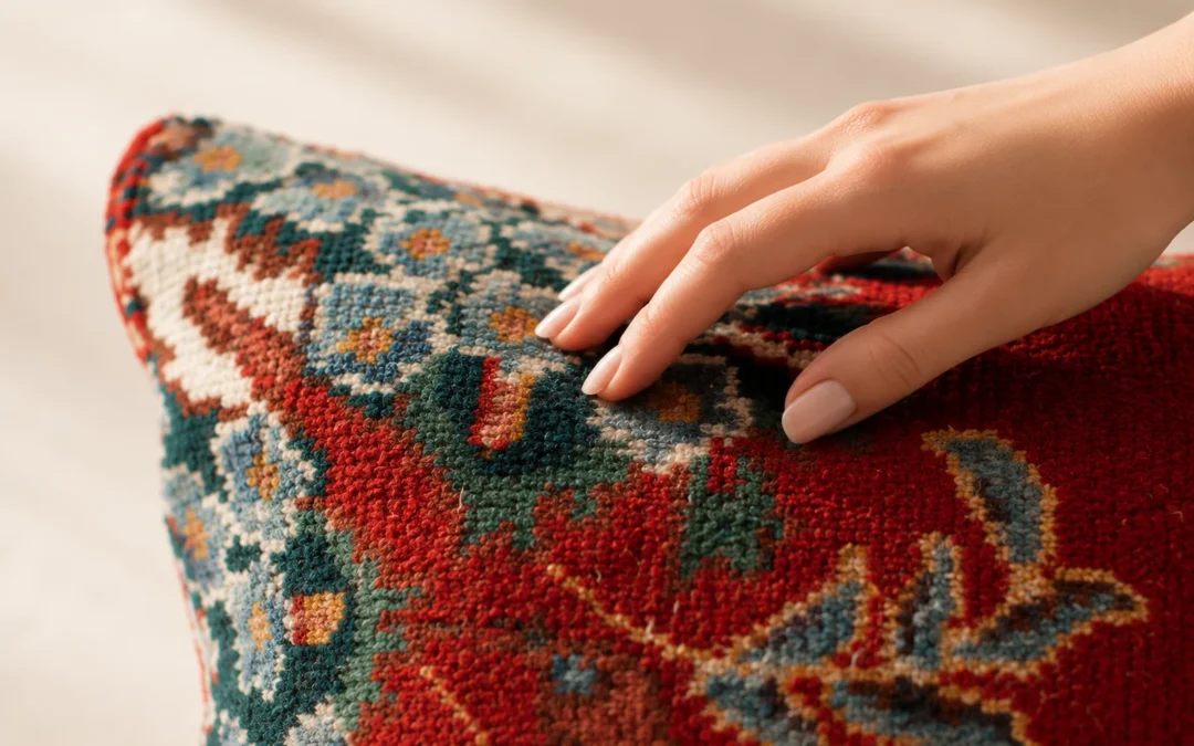Macro close-up of an authentic Persian handwoven rug cushion showing individual wool knots and natural texture under sunlight.