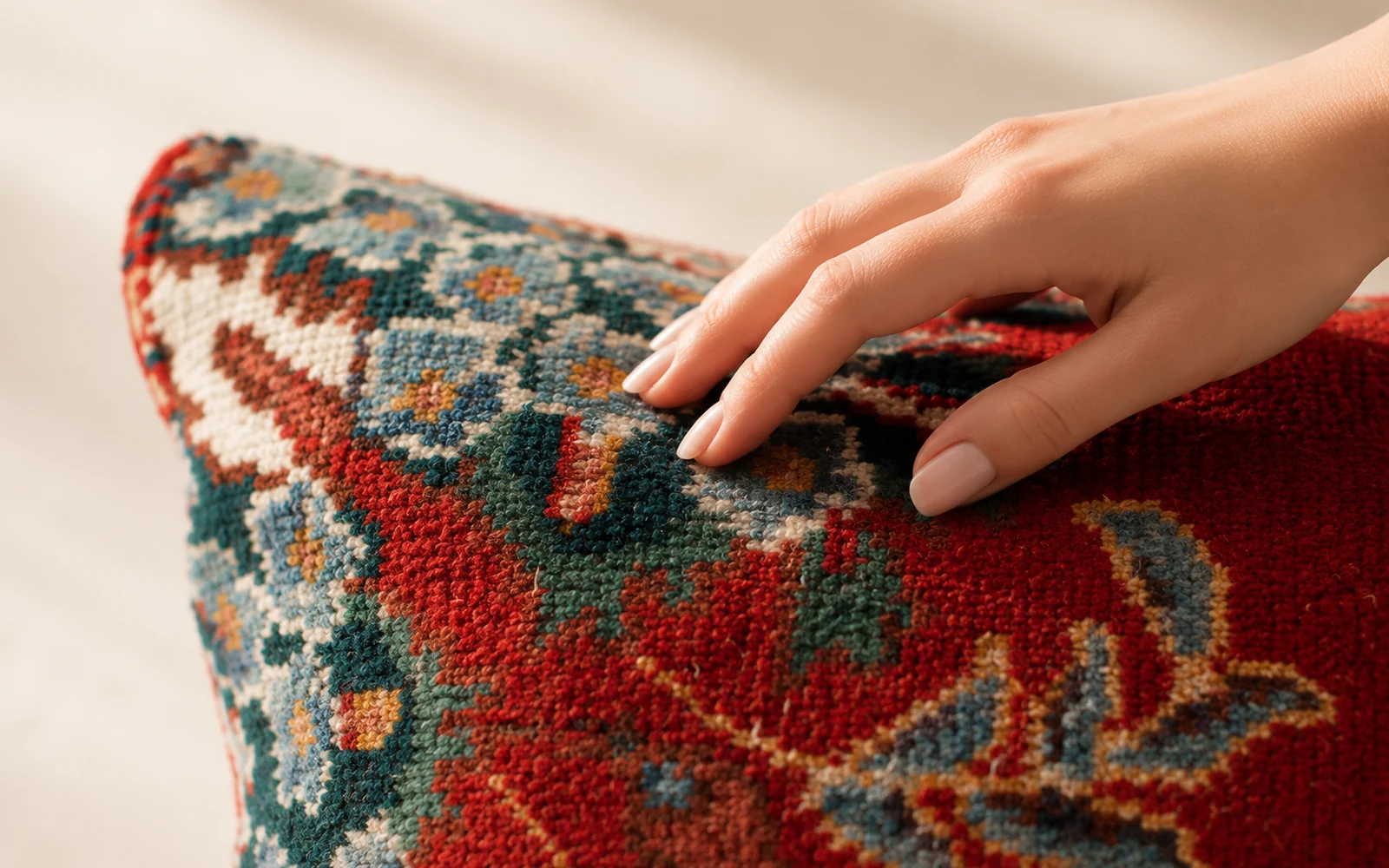 Macro close-up of an authentic Persian handwoven rug cushion showing individual wool knots and natural texture under sunlight.