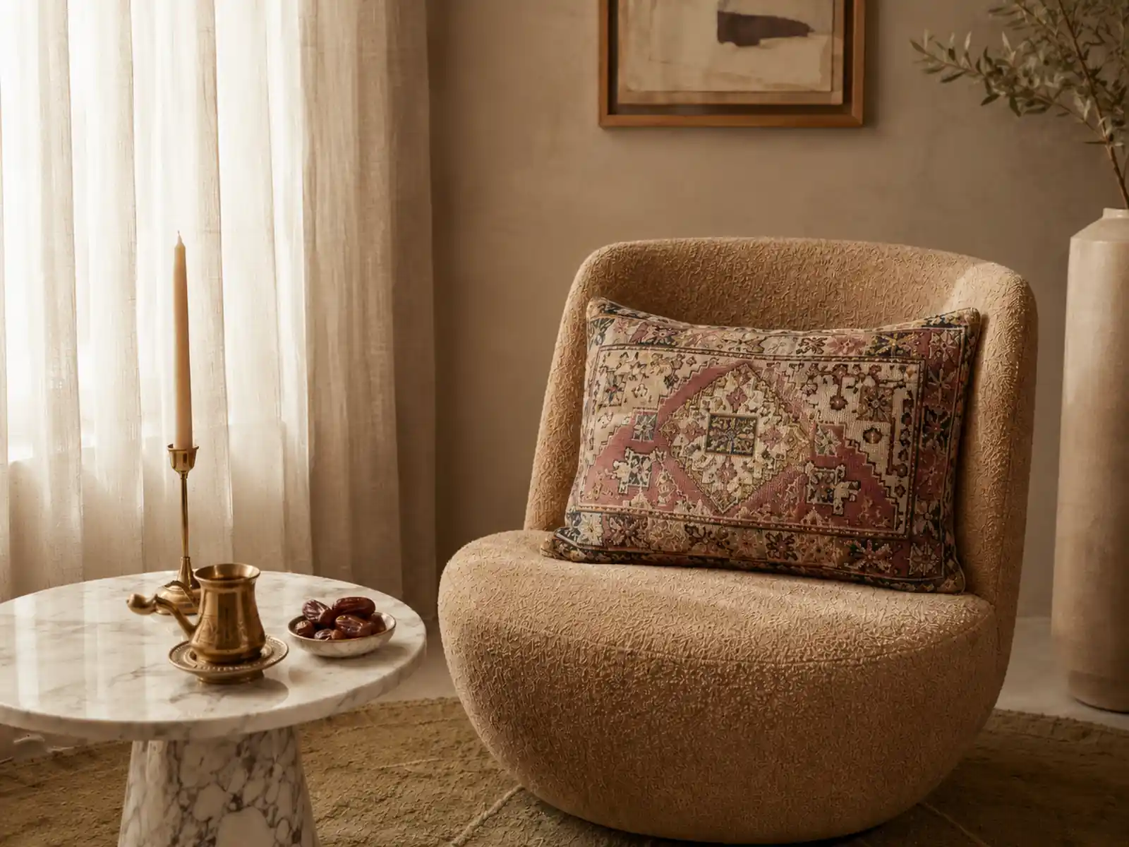 Refined coffee corner in a Gulf home styled with a single Persian handwoven rug cushion on a minimalist accent chair