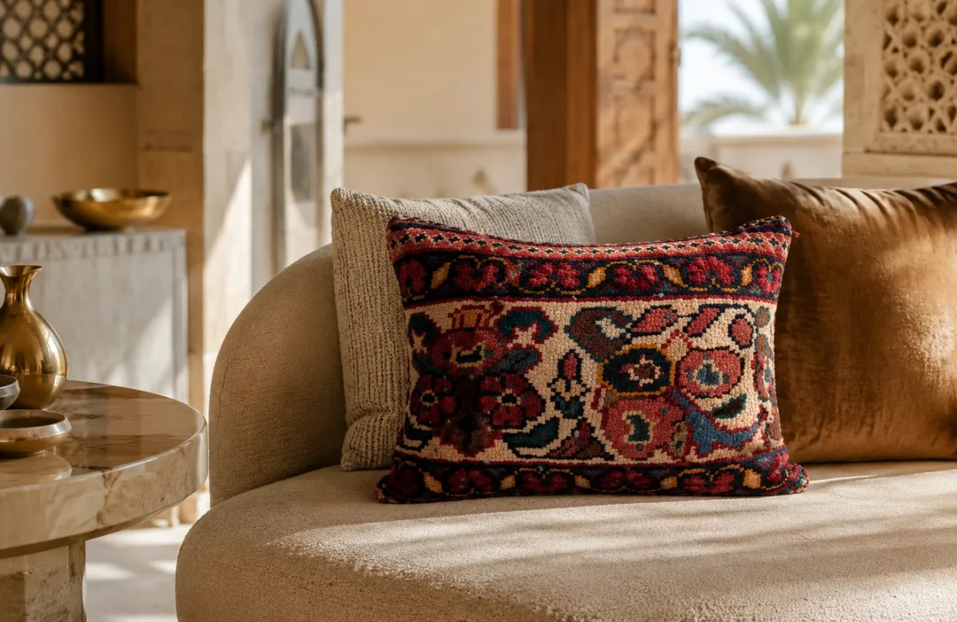 Elegant Persian handwoven rug cushion styled in a refined Gulf living room with soft natural light and neutral tones