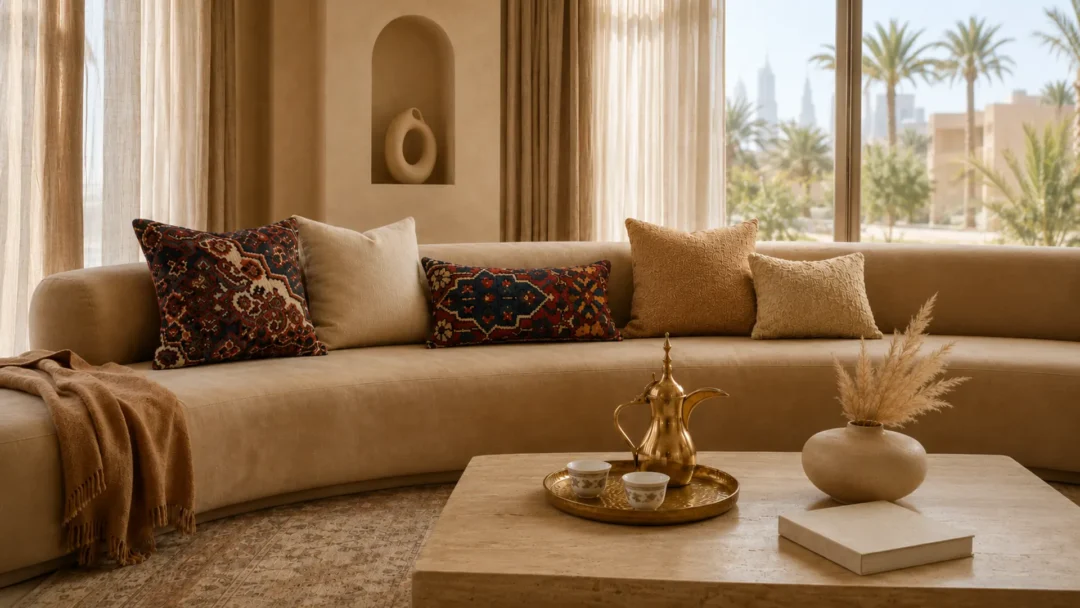 مجلس عربي عصري أنيق منسّق بخداديات السجاد الإيراني بألوان محايدة دافئة وديكور خليجي راقٍ.