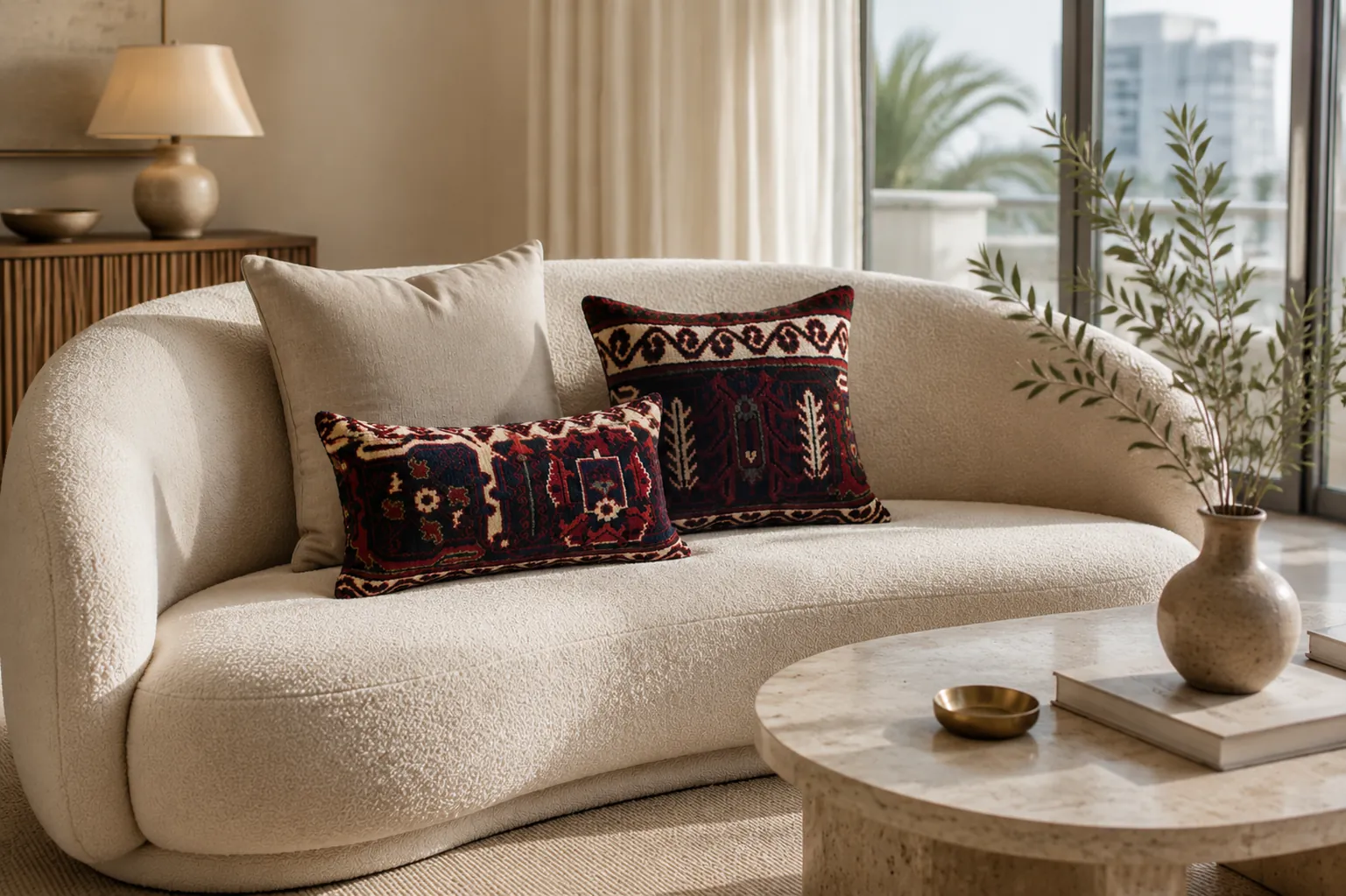 Persian carpet cushions in luxury living room with modern Gulf style - Mawa
