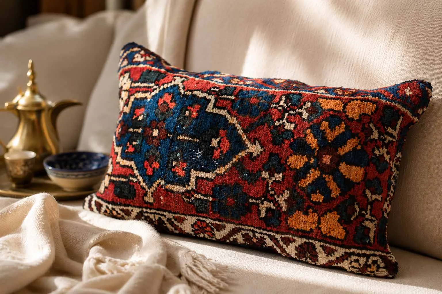 Close-up detail of a Persian handwoven rug cushion showing intricate weaving, rich colors, and authentic craftsmanship