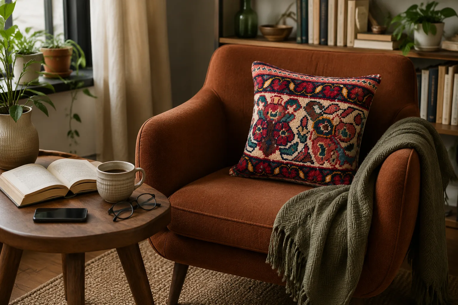 Handwoven Persian cushion on a modern armchair in a cosy reading corner