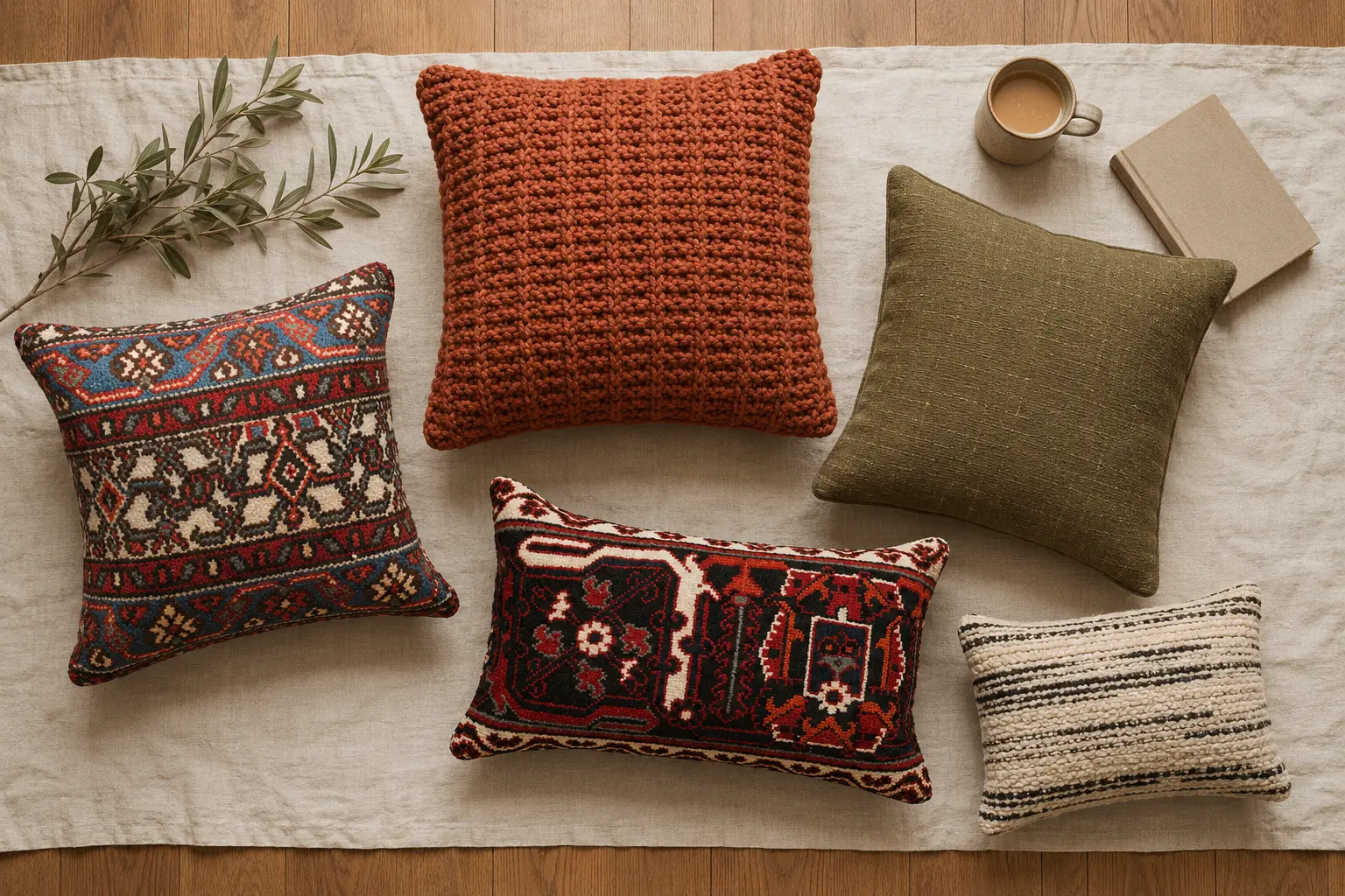 
Top-down flat lay of two vintage Persian rug cushions with textured rust, olive linen and irregular cream-and-black striped cushions in different sizes on natural linen.
