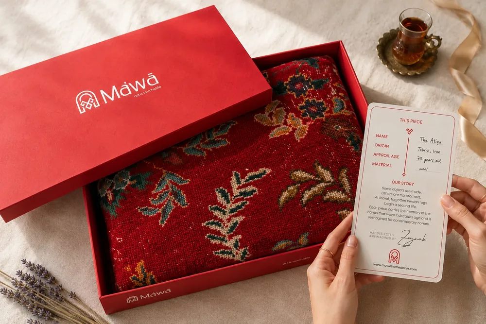 Unboxing a Mawa luxury gift box revealing a handwoven Persian rug cushion with a premium product identity card, perfect as an elegant home gift for special occasions