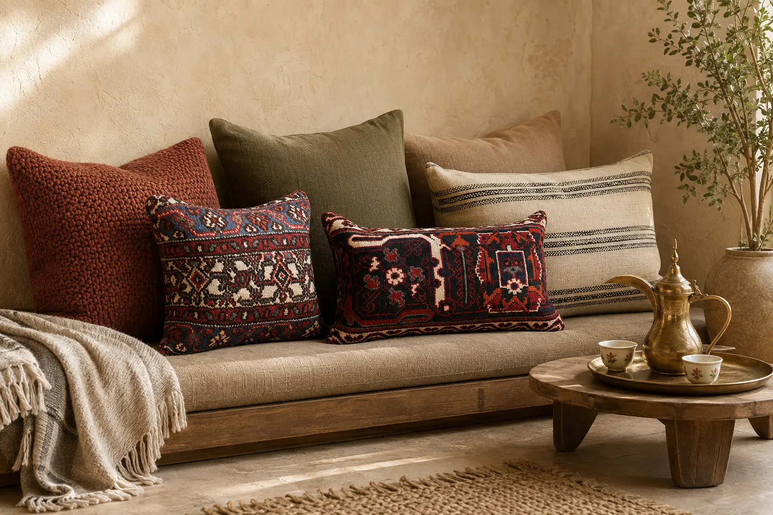 
Layered Persian cushions in a warm Gulf majlis floor-seating corner, with handmade rug cushions, textured textiles, Arabic coffee service and a low wooden table.
