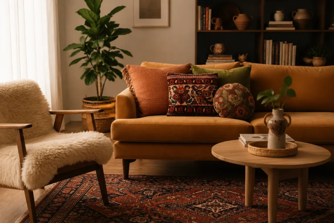 Warm Gulf living room with a vintage Persian rug cushion on a caramel sofa, surrounded by olive and terracotta cushions, a wooden coffee table, books, plants, and a Persian rug