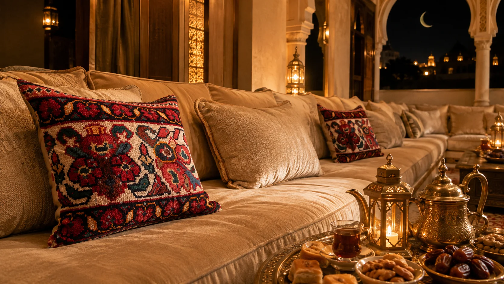 Luxury Gulf majlis decorated with Persian handwoven cushions for Ramadan