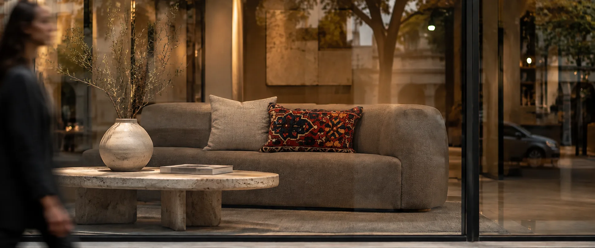 Handwoven Persian rug cushion on a modern grey sofa inside a luxury interior design showroom, adding warmth and character to a contemporary neutral space.