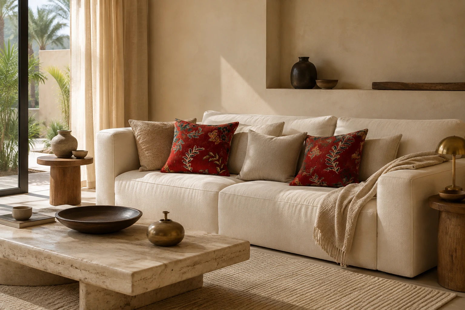 Modern Gulf living room styled with Persian rug cushions on a minimalist cream sofa