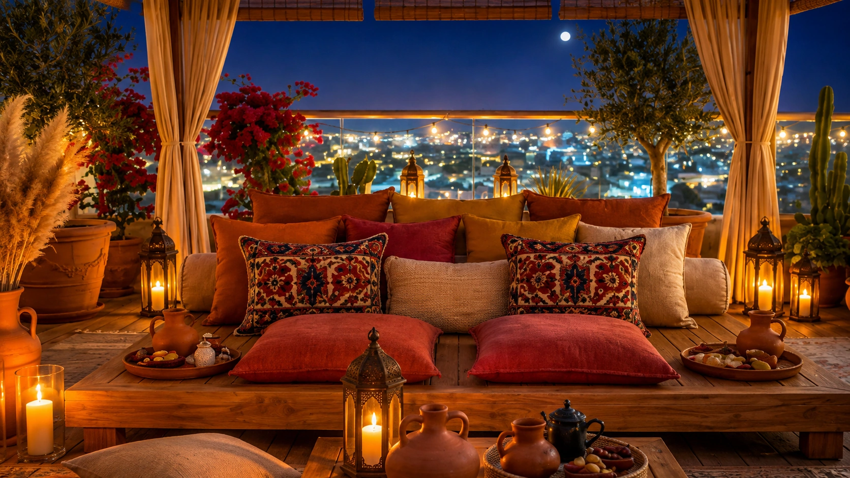 Cozy outdoor Arabic jalsa styled with handwoven Persian rug cushions, lanterns, and warm evening lighting overlooking a Gulf city skyline