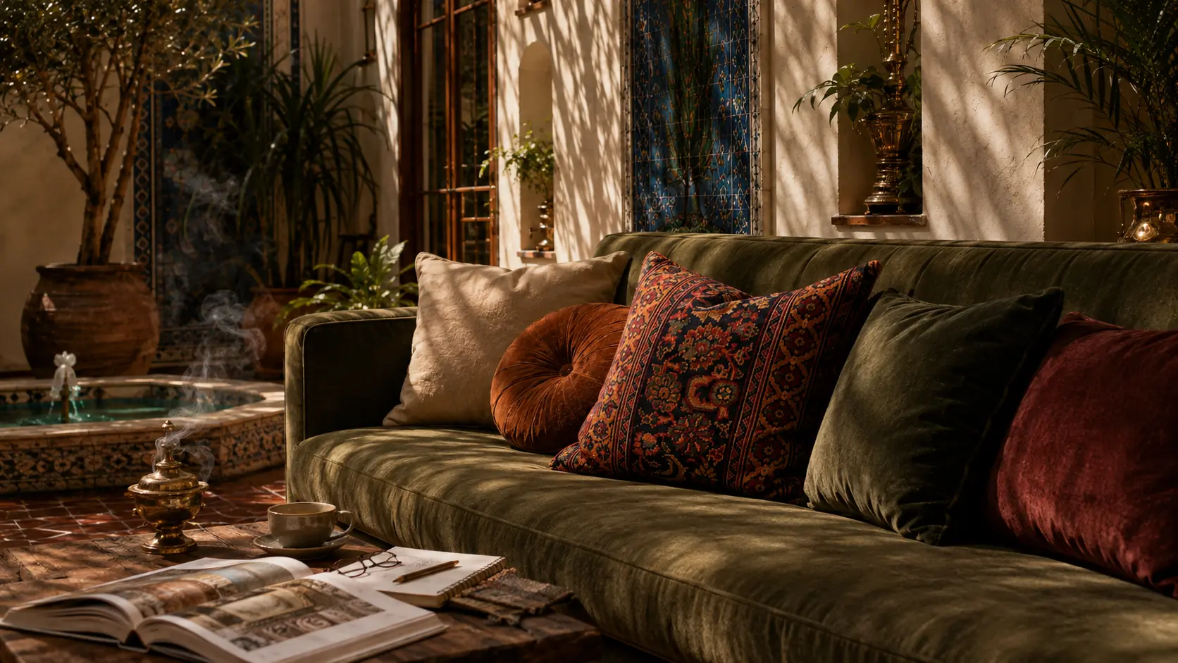 A thoughtfully designed Persian-inspired boutique hotel courtyard showing how handwoven Persian rug cushions bring warmth, craftsmanship, and timeless character to luxury hospitality interiors.