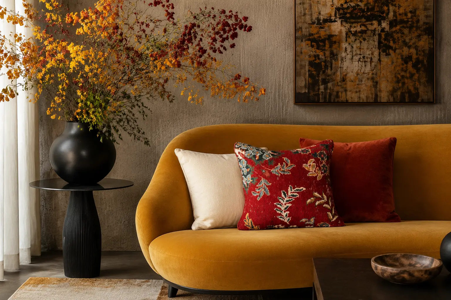 Persian handwoven cushions arranged in a welcoming Gulf majlis interior