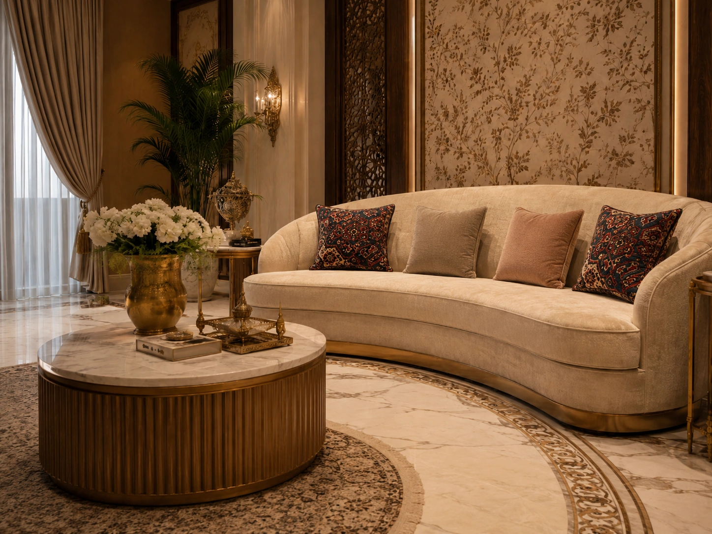 Persian handwoven rug cushions in an elegant Gulf living room with warm luxury styling