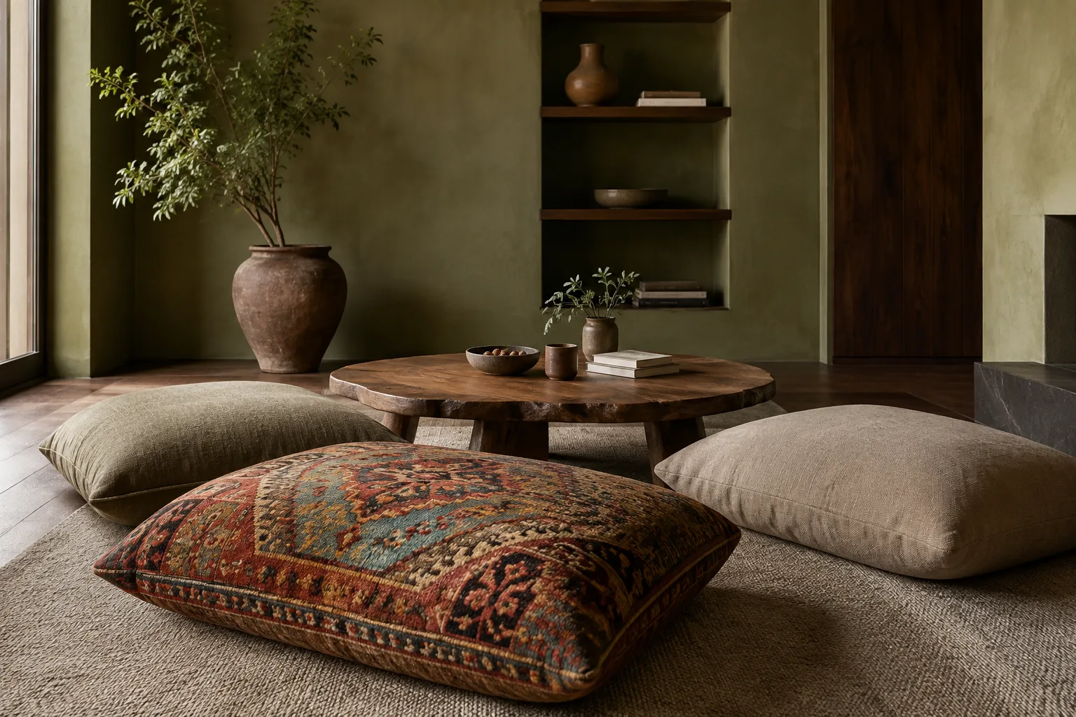 Persian rug cushions arranged around a low table in a modern floor seating area