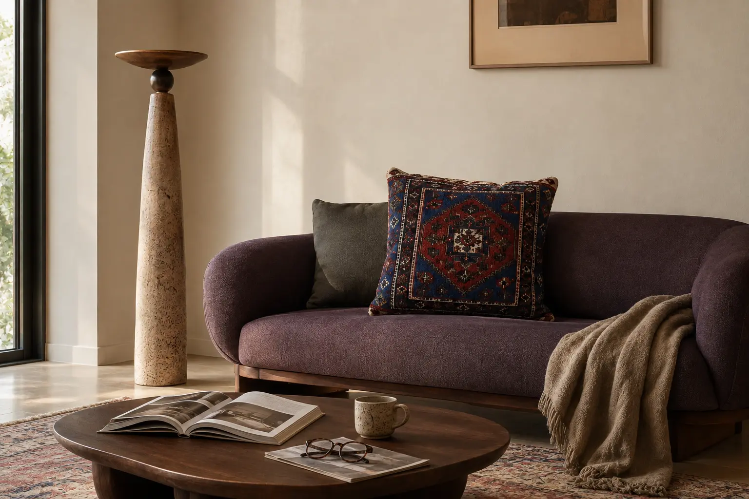 Persian rug cushions styled on a neutral sofa in a modern Gulf-inspired living room