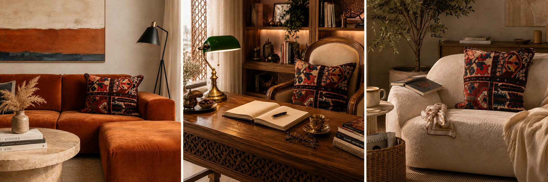 Three styling ideas for Persian handwoven rug cushions: a modern living room with orange velvet sofa, a traditional Arabic home office, and a cozy Dubai apartment corner with teddy bouclé sofa