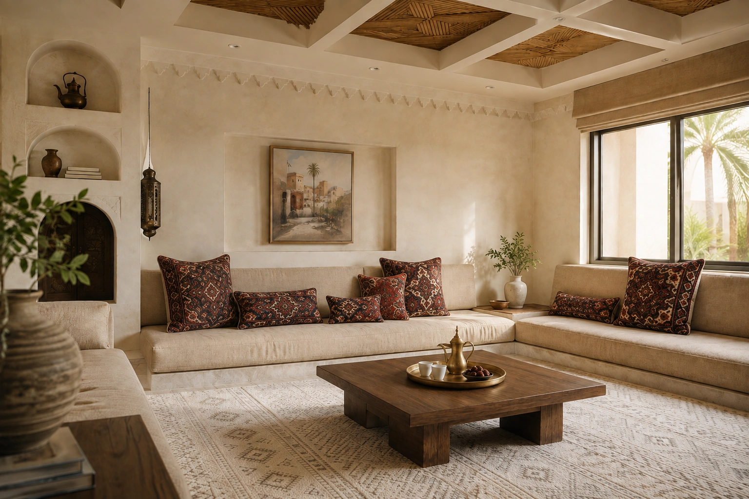 Elegant majlis styled with handwoven Persian rug cushions in mixed sizes