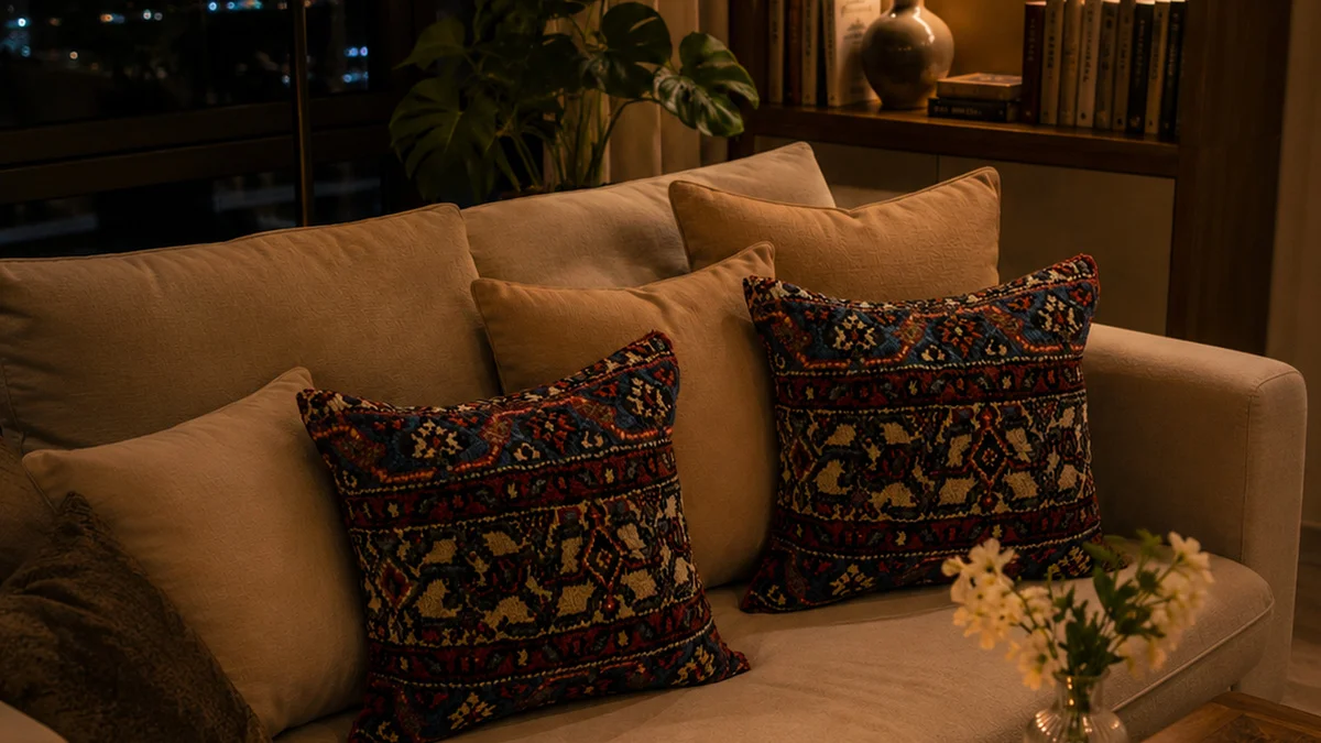 Authentic handwoven Persian rug cushions styling a warm neutral living room with a beige sofa, creating a cozy and luxurious interior.