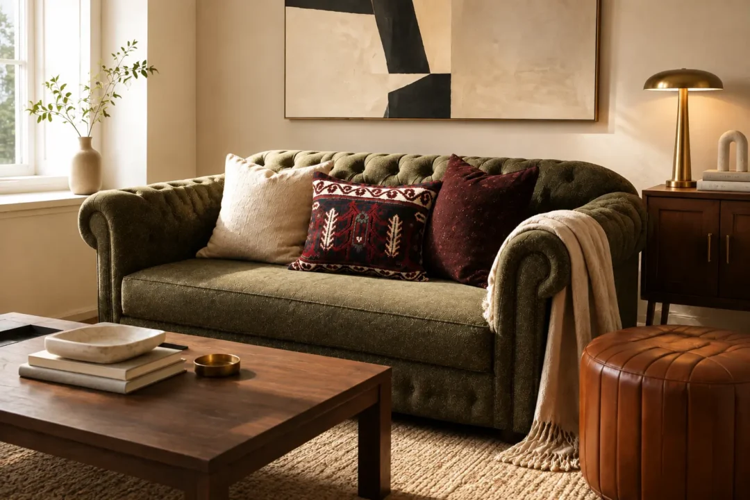 Persian handwoven cushion styled with cream linen and dark burgundy cushions on a patterned olive-green Chesterfield sofa