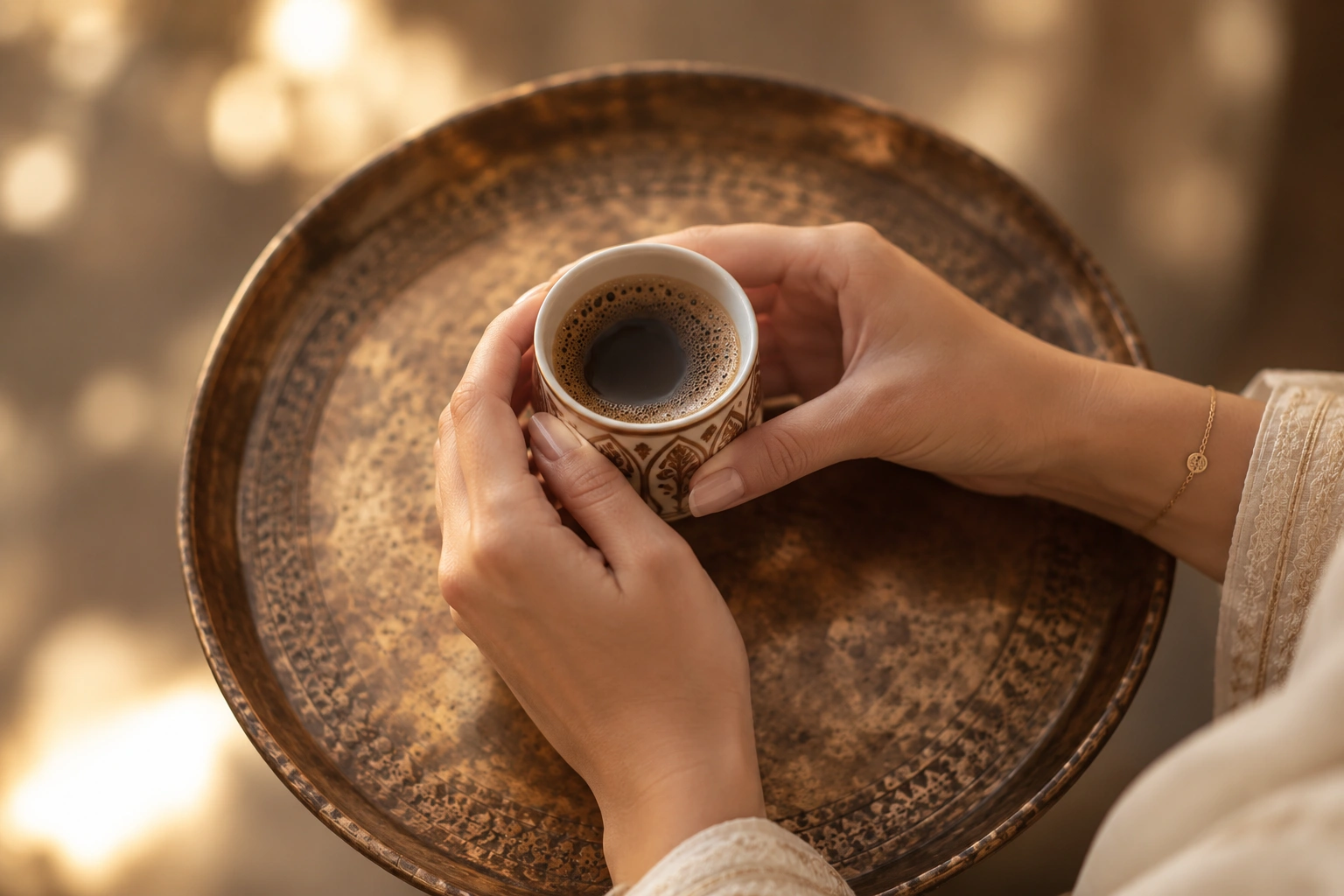 Elegant woman’s hands holding a traditional Arabic coffee cup over an aged copper tray in warm golden-hour light.