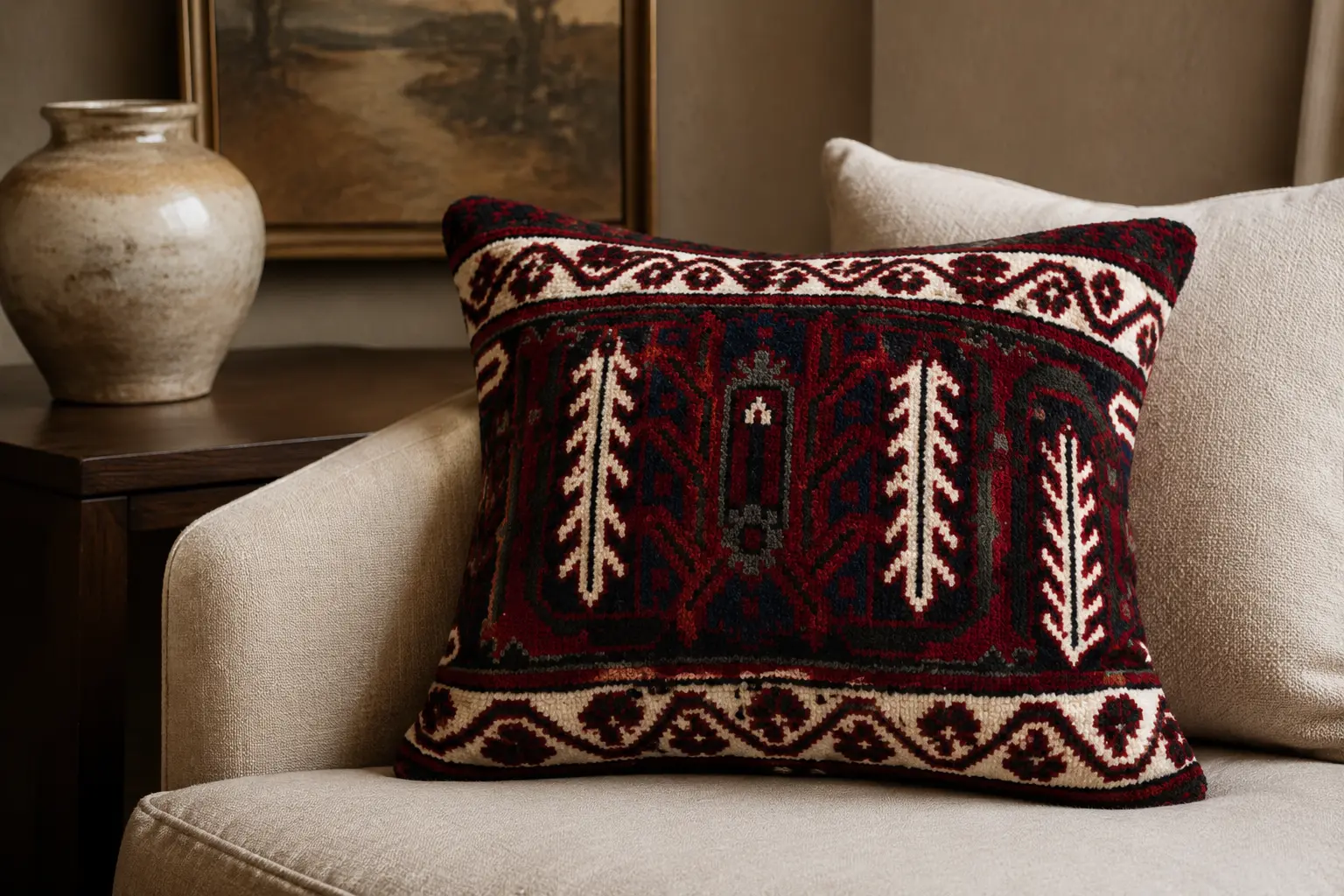 Persian handwoven rug cushion with visible wool texture on a luxury neutral sofa