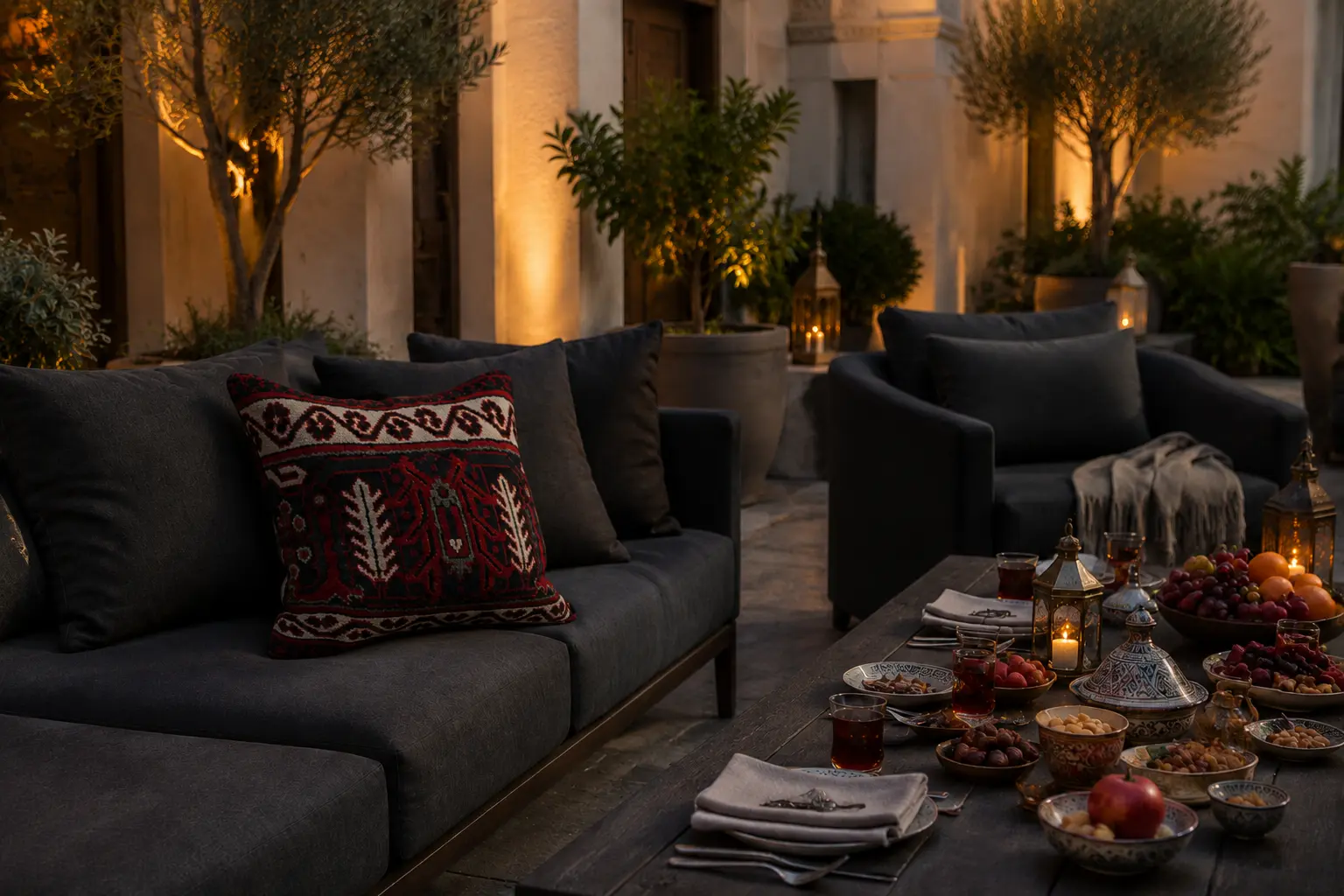 Persian handwoven cushion on a dark outdoor sofa in a luxurious Omani courtyard prepared for an evening gathering