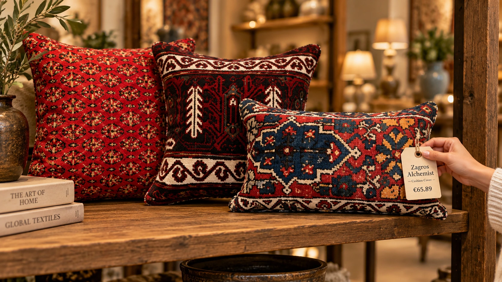 Three handmade Persian rug cushion covers displayed on a wooden shelf in a warm boutique home decor store, with a product tag showing Zagros Alchemist.