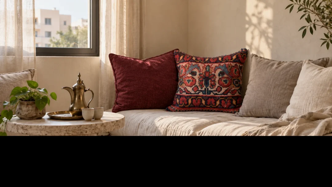 Small modern majlis with neutral floor seating and a vintage Persian carpet cushion in a warm Dubai apartment.