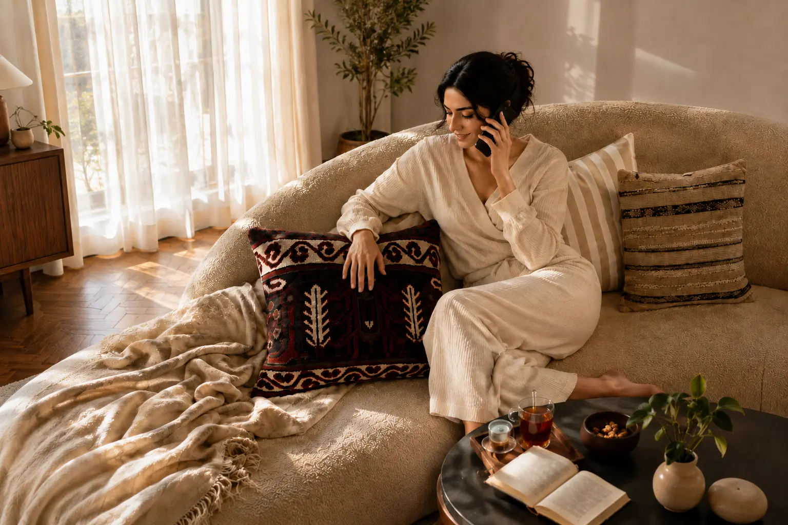 Young woman talking on the phone while relaxing on a cream sofa with a Persian handwoven rug cushion
